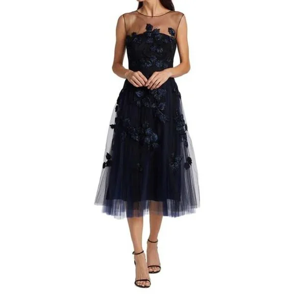 Carolina Herrera Navy Beaded And Appliqued Tulle Mid Length Dress